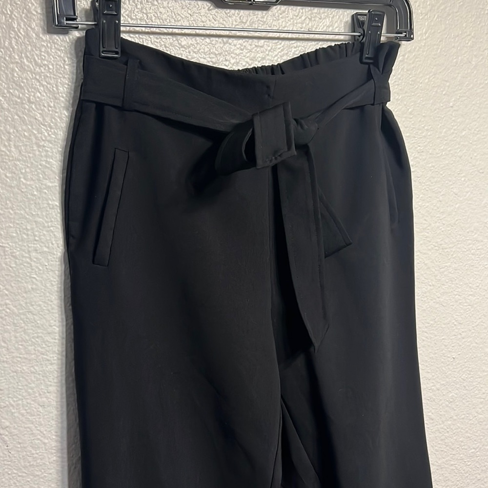 High waisted black front tie slim leg dress pant